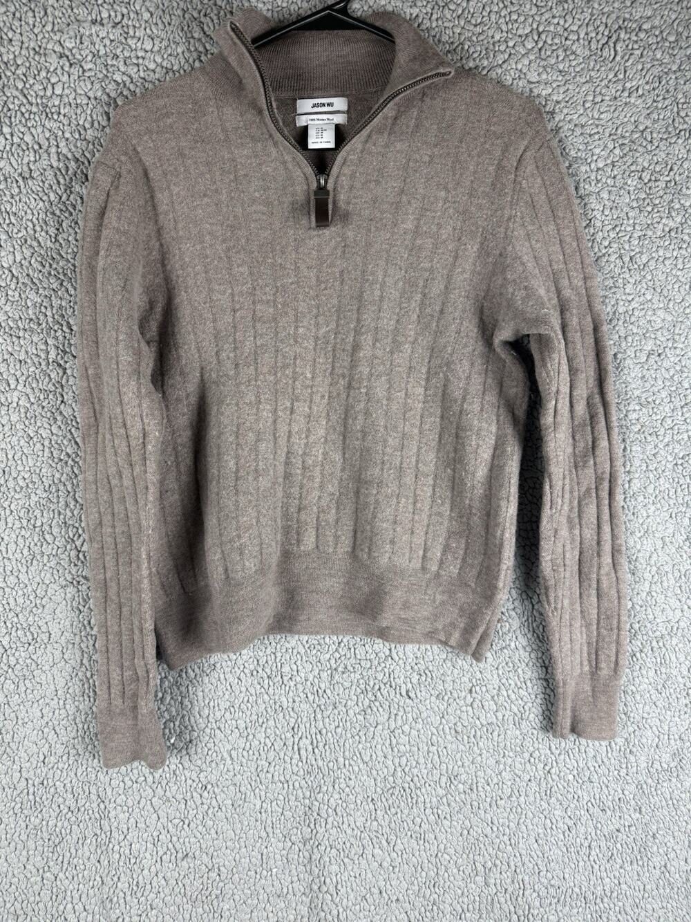 Jason Wu Quarter Zip Sweater Womens M Brown 100% Merino Wool Ribbed Mock Neck